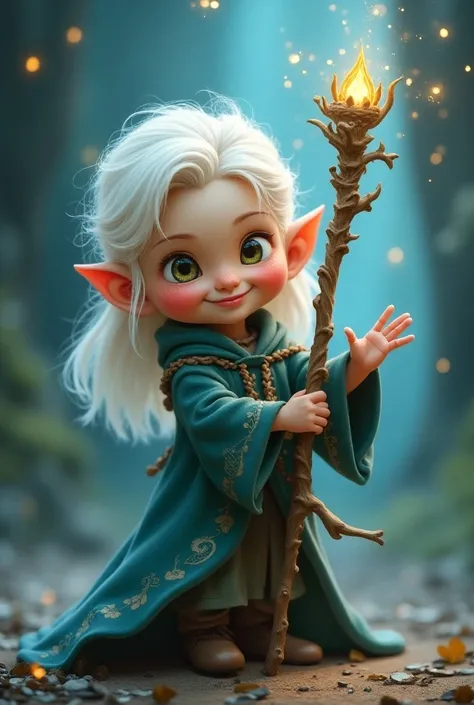 Chibi, a wizard with white hair holding a shining staff