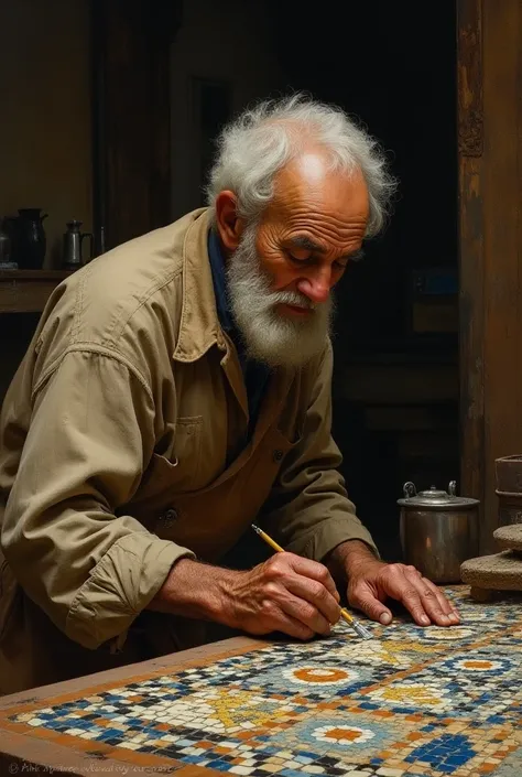 An amazing image ,  painting of an old man making Moroccan zellij.  The image looks like a realistic and detailed Leonardo da Vinci .