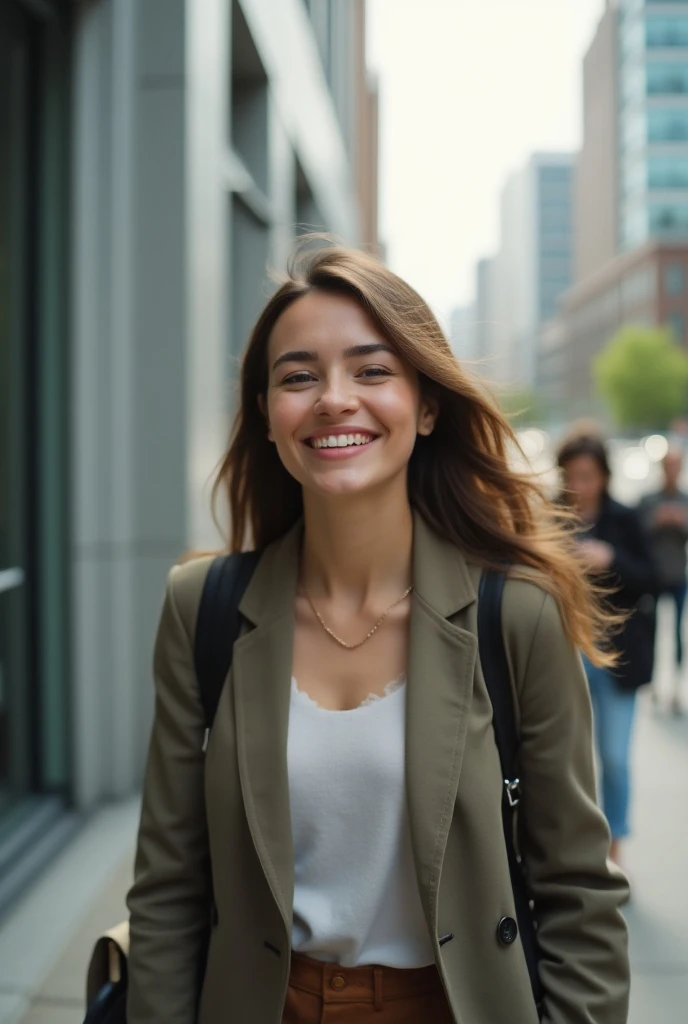 Image for an Instagram story of a smiling user after leaving an office, reflecting satisfaction and peace 