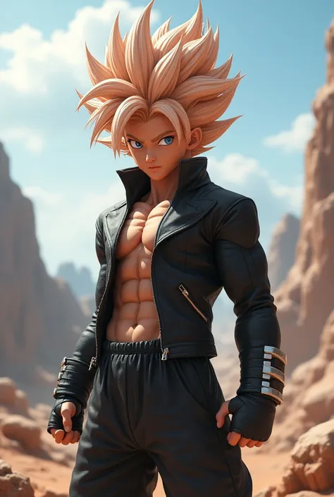 Create a Dragon Ball character Sayayín with a teen-haired jacket 