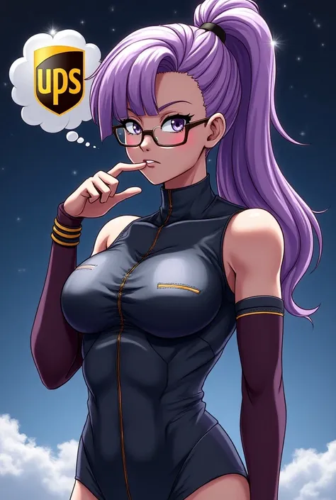 Female Saiyan, stark, Sweet, Glasses, Lila , Stars, Thought bubble with logo of the parcel company UPS,  hand in front of mouth , cheeky, Mischievous