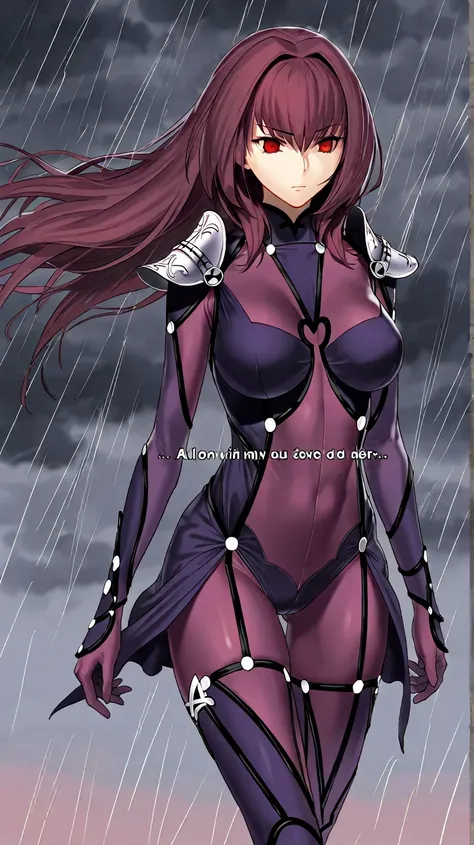  High resolution,  masterpiece , necessary, Detail,  Best quality, quality,  lyrics,  text, 

 a girl, Alone, linda,  costume 

Scathach , scathach  Fate Grand Order , fate,  Fate Grand Order , throw,  long hair ,  curly hair , red eyes,

throw, traje de t...