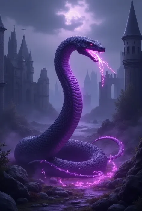 "A spirit snake, depicted as a cobra, stands in an attacking posture, with its body erect and its tails extended to the sides. The snake is illuminated by an eerie purple light, creating dramatic shadows on its scaly skin. The atmosphere It is charged with...