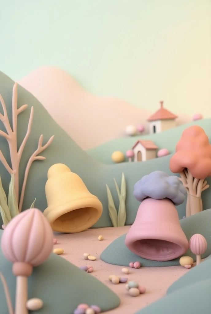 I sculpt from plasticine,in the foreground very large bells, blades of grass , Macro , from plasticine, in the background houses and hills, watercolor background blurry muted natural lavender, grassy,  beige , creamy, olive, salmon, gray, blue, Purple, sof...