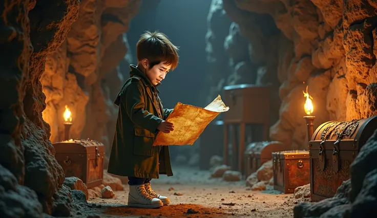 the boy in the photo,  Im wearing a military green trench coat , up to the feet, Wearing white Nike sneakers , high,  is in profile looking at an old pirate map inside an old pirate cave full of jeweled chests.  Use the character reference faithfully .