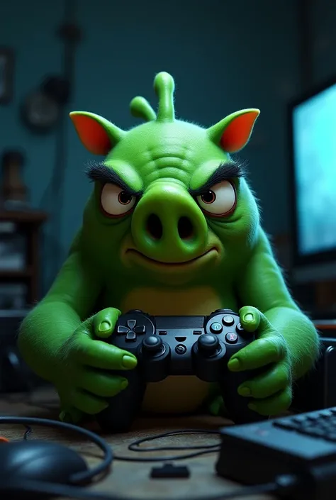 A green Bad Piggi of Angry Birds playing video games
