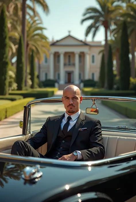 "A hyper-realistic, ultra-high-definition image of a 25-year-old bald man dressed in a meticulously tailored black suit, driving a luxury Rolls-Royce convertible through an exclusive, upscale neighborhood. The car, with its top down, is positioned on a pri...