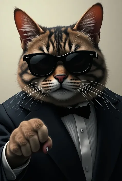  Realistic image of a cat wearing dark glasses with its paw, The cat is in the style of a gangster 
