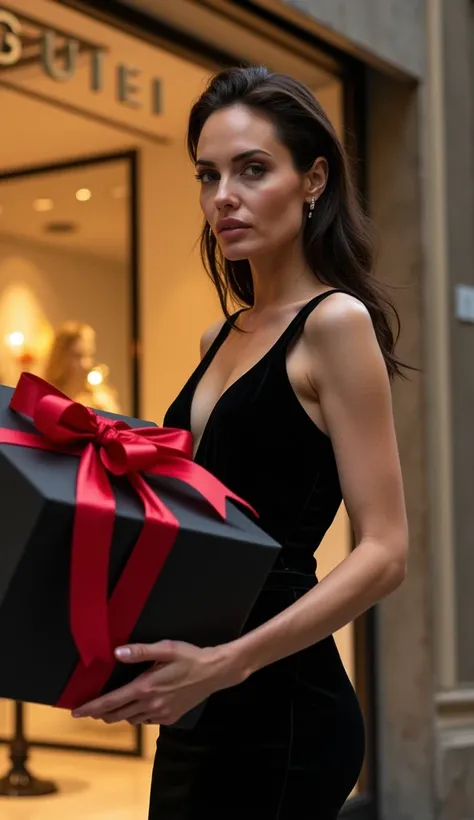   PHOTO OF ANGELINA JOLIES UPPER TORSO ART WHILE HER BACK IS TO A GUCCI CLOTHING STORE AND IN HER HANDS WITH A SMILE 
Its a couple of gifts or a big pack of clothes. 
Please make the photo of the face more similar to the art of the figure, zoom closer from...