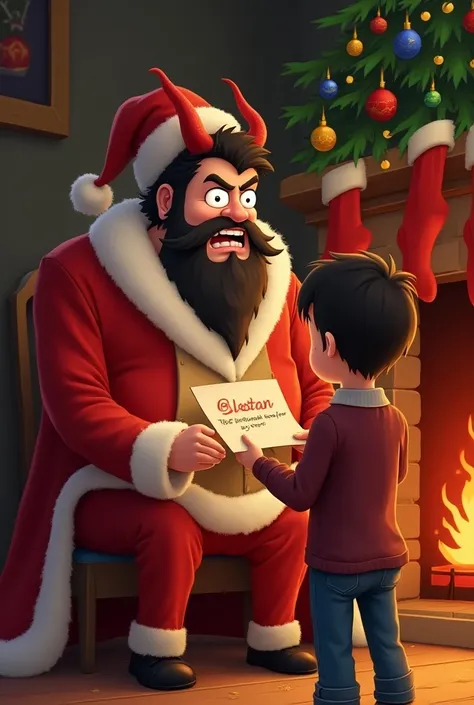 Jack Black as a comical yet mischievous Satan in a Christmas-themed scene. He’s dressed in a devilish red suit with a classic Santa hat, but with horns peeking through. His expression is a mix of playful frustration and comedic disbelief as he faces a swee...