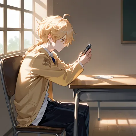 1 male, aether(genshin impact), school uniform, white top, black bottom, yellow jacket, using phone, looking at phone, sitting o...