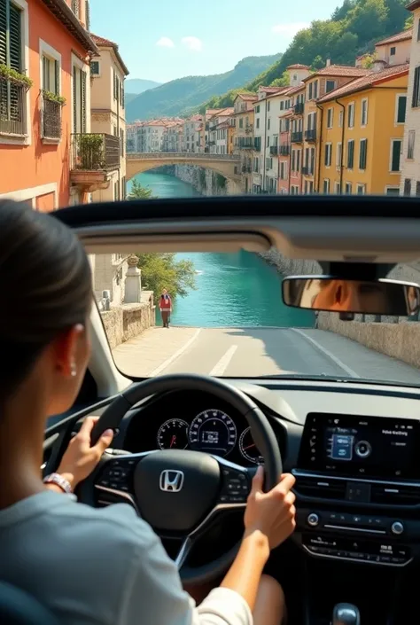 A woman driving a white HRV 2024, in a beautiful place.  Mostar in the first person, The vision that she has 