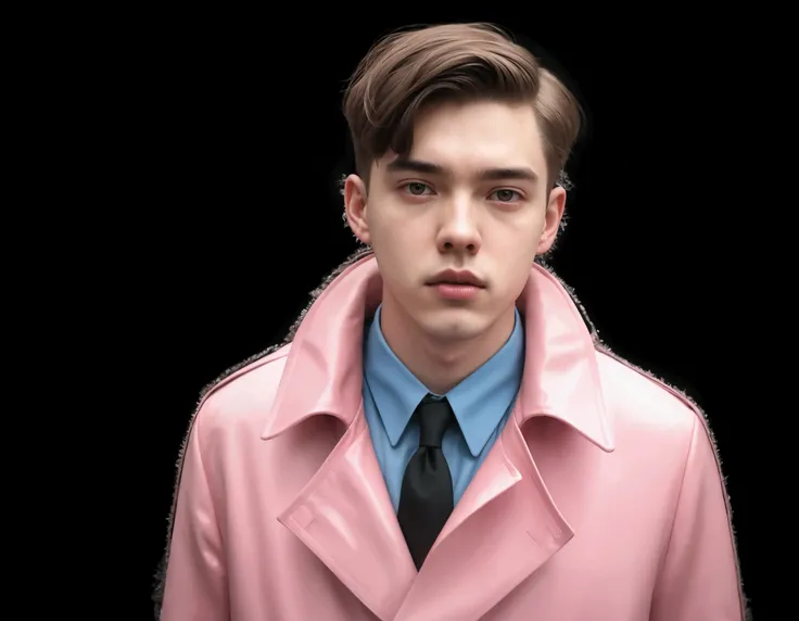 a close up of a man in a pink coat and tie, style of seb mckinnon, flume, declan mckenna, inspired by Russell Dongjun Lu, inspired by Yanjun Cheng, in style of petra collins, maxim sukharev, inspired by Oskar Lüthy, flume cover art, inspired by Antonio Don...