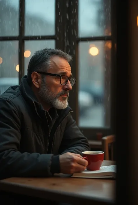 A mature man, short black hair with some gray hair, short gray beard, glasses, somewhat thick texture, plaid shirt, sitting inside a cafe with a hot coffee, a book and seen from the street through the glass in rain. 