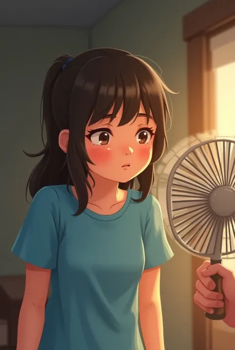  A cute girl wearing a blue short-sleeved T-shirt and sweating a lot、Im holding a fan indoors without turning on the air conditioner .