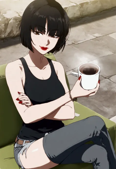 Halfopeneye+blackhair+wolfcuthaircut+redlips+longlashes+Dcup+176cm+tall+curves+tanktop+baggyjeans+seniorhigh, clear face, (((sitting crossed legs))), (((holding a coffee))), 1girl 