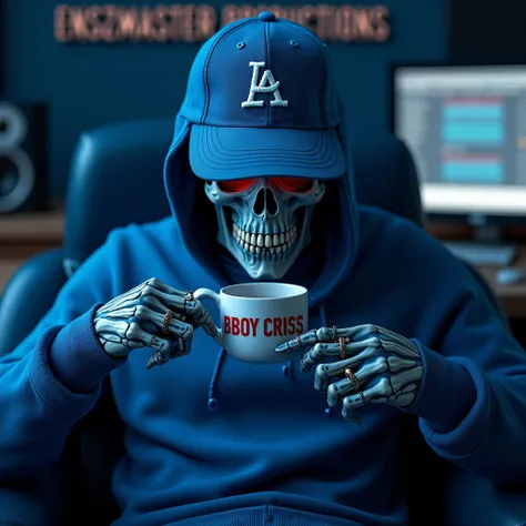 A man with the face of a skull and his eyes look bright wearing a blue Los Angeles cap and his hair comes out just below the cap and has a blue sweater and a ring on his thumb and forefinger sitting in a recording studio drinking relaxed coffee and in the ...