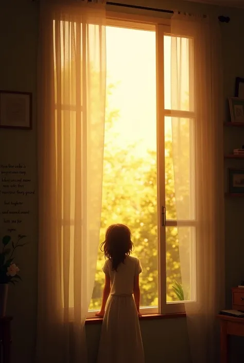 Image of a relieved person ,  looking out the window ,  with natural light and an inspirational quote