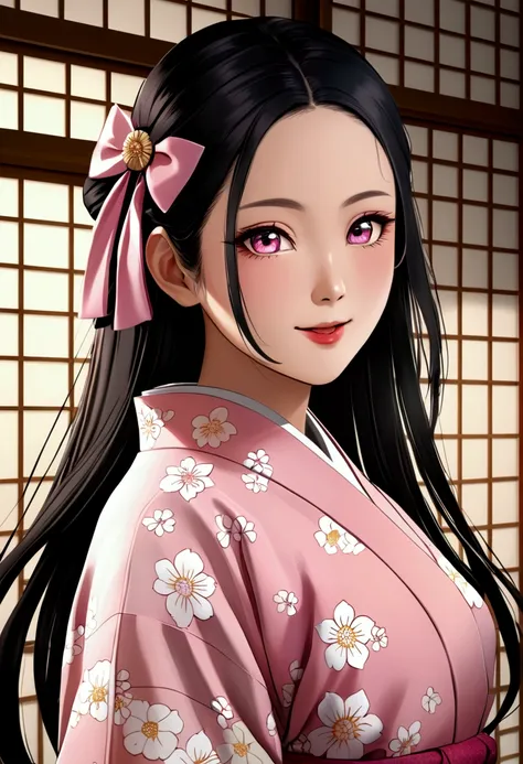 masterpiece, (photorealistic:1.5), realistic eyes, asian woman, best quality, beautiful lighting, professional lighting, photon mapping, radiosity, physically-based rendering,, kamado nezuko, 1girl, black hair, forehead, hair ribbon, japanese clothes, kimo...