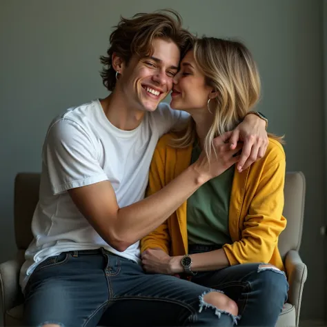 The 16-year-old light-skinned white fair-skinned male boy model strikes a captivating pose on the chair spreading his legs before the camera, his body elevated by the graceful joy as his right-hand meets the girls hand, and his left-hand rests on his jeans...