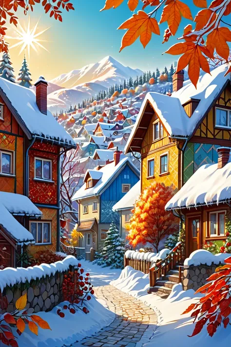 fairytale forest,   very large autumn leaves ,  snow ,  huge patterned snowflakes , thickets,  rowan branch , houses,  snow ири, @ pmira the light of the radiant morning sun,  close-up,  patterned patchwork ,  patchwork , thread ,  cute child naive 