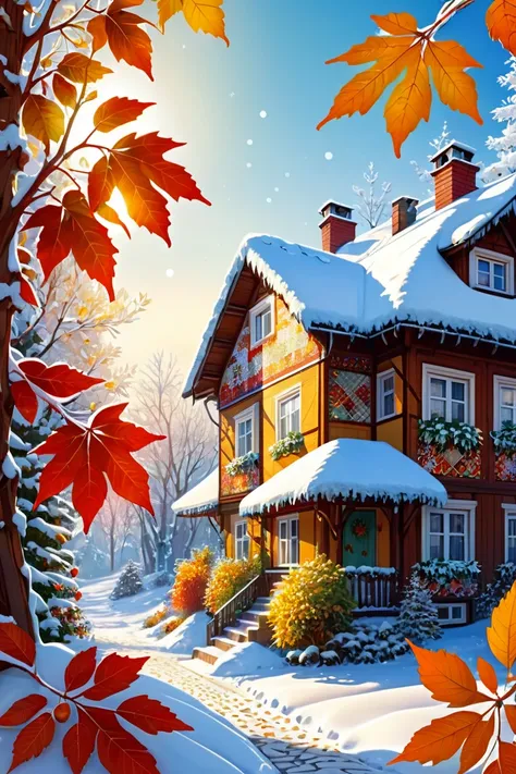 fairytale forest,   very large autumn leaves ,  snow ,  huge patterned snowflakes , thickets,  rowan branch , houses,  snow ири, @ pmira the light of the radiant morning sun,  close-up,  patterned patchwork ,  patchwork , thread ,  cute child naive 