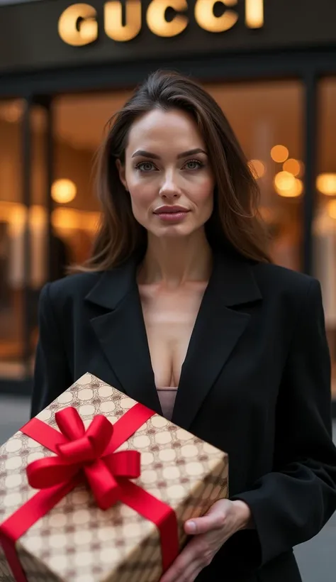   PHOTO OF ANGELINA JOLIES UPPER TORSO ART WHILE HER BACK IS TO A GUCCI CLOTHING STORE AND IN HER HANDS WITH A SMILE 
Its a couple of gifts or a big pack of clothes. 
Please make the photo of the face more similar to the art of the figure, zoom closer from...