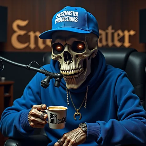 A man with the face of a skull and his eyes look bright wearing a blue rapper cap that says BBOY CRISS and
Have a blue sweater and a ring on your thumb and forefinger sitting in a recording studio drinking relaxed coffee and in the cup say SIGUATEPEQUE in ...