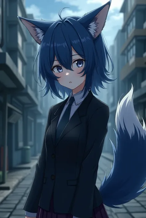 Character from the anime Bungo Stray Dogs from Port Mafia, Blue haired girl,  heavenly eyes , wolf ears and tail