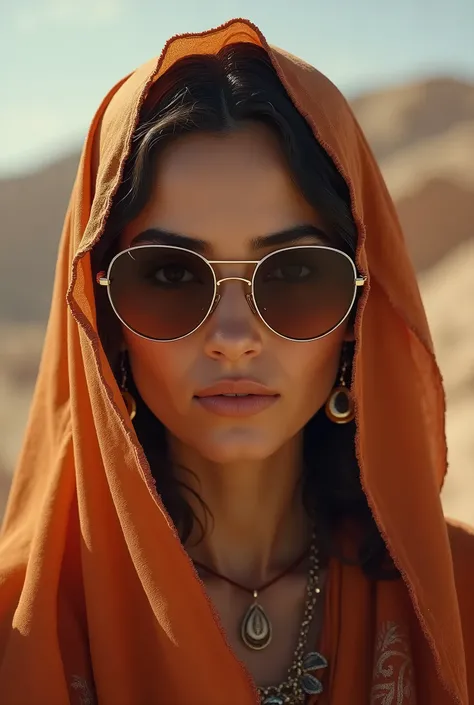 Une image étonnante, réaliste et détaillée dune  femme  marocaine porte une voile  et de lunettes Rayan. Limage ressemble à un tableau de Léonard de Vinci.