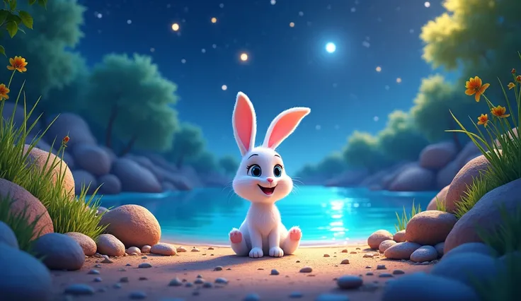 pixar style, a cute little white bunny around a bright lake with rocks on a starry night smiling colorful