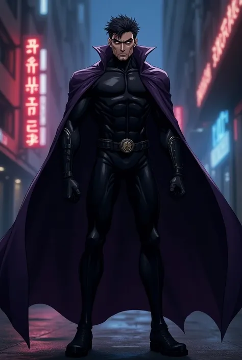 Anime adult male, black hair, black and purple vigilante clothing with long cloak, glowing eyes