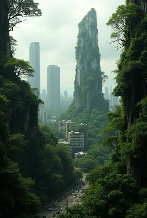 "Futuristic view of the city of San José , Costa Rica,  where tall buildings and streets are slowly being covered by the rainforest. Giant Trees,  lianas and climbing plants surround urban structures ,  while nature begins to claim the city .  The sky is c...