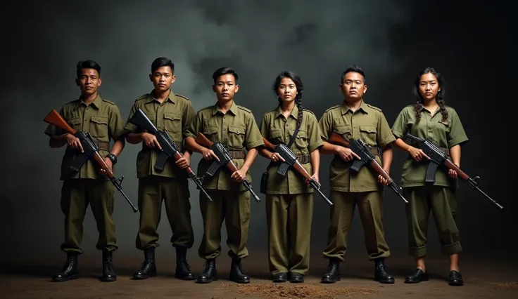 a photo of  Indonesian soldiers.  1945 vibes. four men and two women. the women had her hair braided.  Each other was Defferent pose . dark solid smoky background.