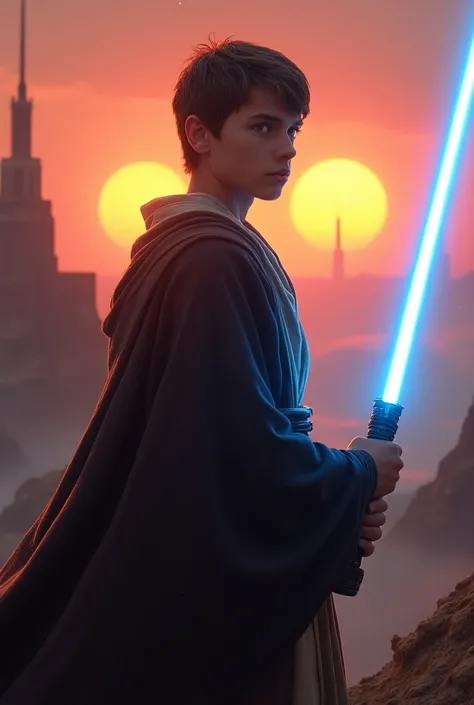 Crie um ultra-realista, breathtaking image of a young Jedi, capturando a essência do universo Star Wars. Os Jedi, a figure of serene strength and determination, stands poised with a vibrant blue lightsaber ignited, its glow casting a soft, ethereal light a...