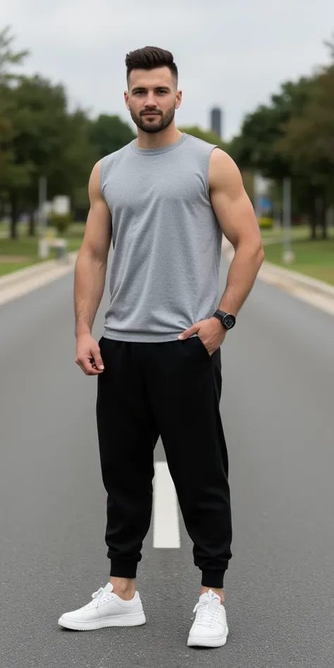  A man wearing a sleeveless gray sports t-shirt , grey t-shirt , man with bividi and white sneakers standing on a road,  full body wool sweater picture,  full body wool sweater;,  full body wool sweater portrait shot, zoomed out  full body wool sweater mus...