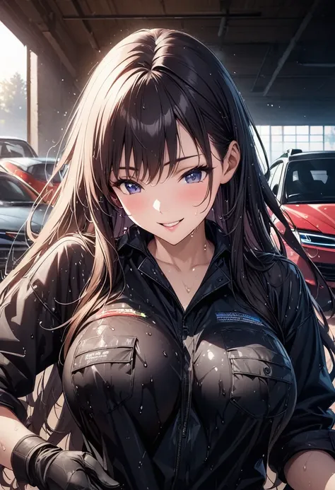 Beautiful girl 、Age 30、Best Quality、Ultra-precision、Detailed drawing、slouch、Car Garage 、 black mechanic wear、、 black gloves 、tool、Sharpness、 long hair、Vivid colors、smile、 Beautiful Slender Body 、Beautiful big boobs、Wear upper body clothes、 CG Illustration ...