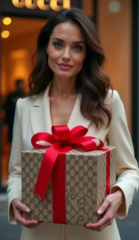   PHOTO OF ANGELINA JOLIES UPPER TORSO ART WHILE HER BACK IS TO A GUCCI CLOTHING STORE AND IN HER HANDS WITH A SMILE 
Its a couple of gifts or a big pack of clothes. 
Please make the photo of the face more similar to the art of the figure, zoom closer from...