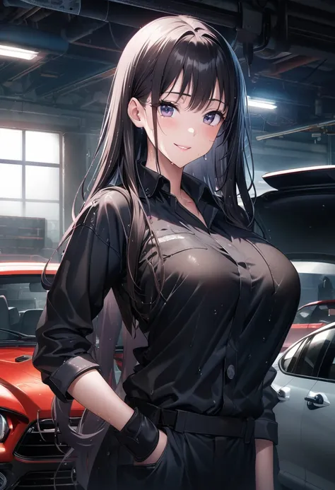 Beautiful girl 、Age 30、Best Quality、Ultra-precision、Detailed drawing、slouch、Car Garage 、 black mechanic wear、、 black gloves 、tool、Sharpness、 long hair、Vivid colors、smile、 Beautiful Slender Body 、Beautiful big boobs、Wear upper body clothes、 CG Illustration ...