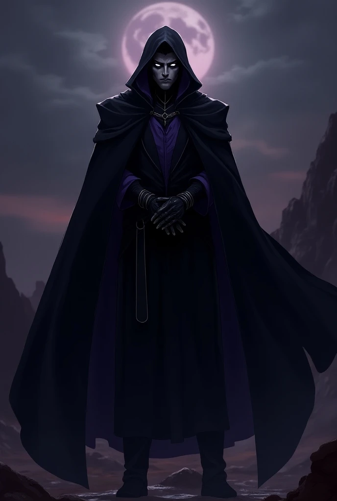 Anime adult male, hood, black and purple clothing with long cloak, glowing eyes, evil