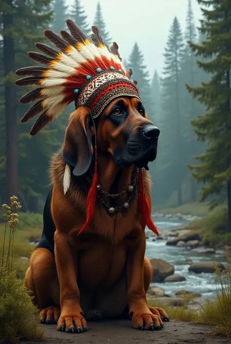 Bloodhound wearing a Native American headdress 