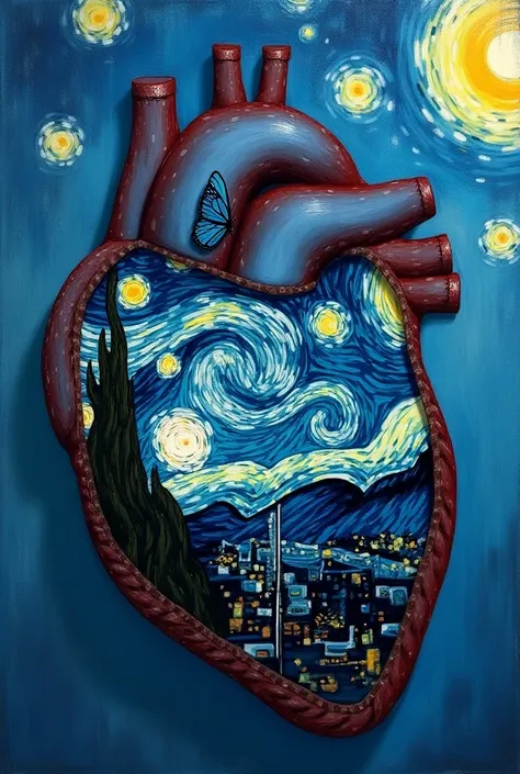  I want to generate an image with the following characteristics : I want the outline of a human heart , (that is to say,  I want the shape of said outline to be like a realistic heart , and not animated ).  Additionally ,  I want Vincent Van Goghs Starry N...