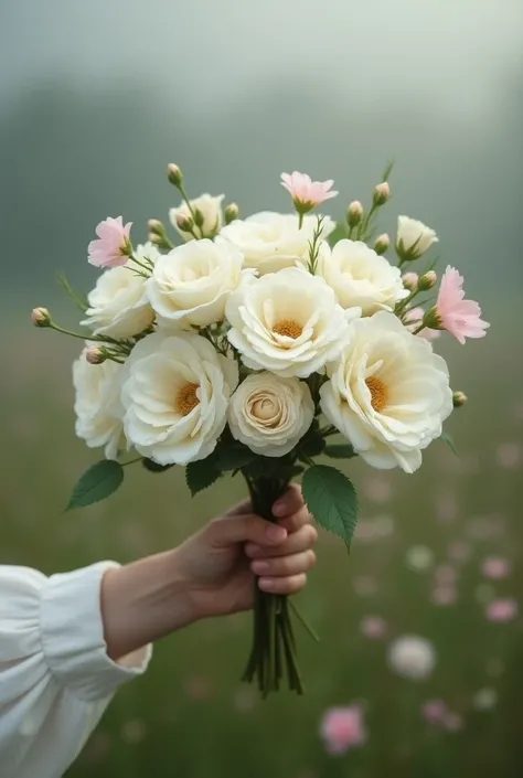 She handed me the bouquet ,  a beautiful arrangement of white roses and mother-of-pearl and pink buttercups.