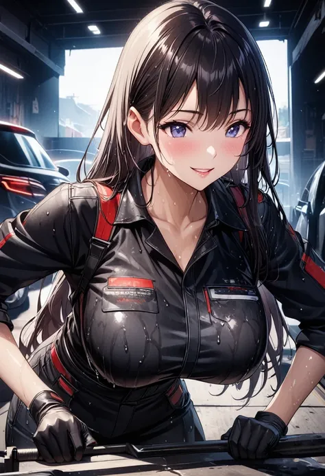 Beautiful girl 、Age 30、Best Quality、Ultra-precision、Detailed drawing、Leaning forward、Car Garage 、 black mechanic wear、、 black gloves 、tool、Sharpness、 long hair、Vivid colors、smile、 Beautiful Slender Body 、Beautiful big boobs、Wear upper body clothes、 CG Illu...