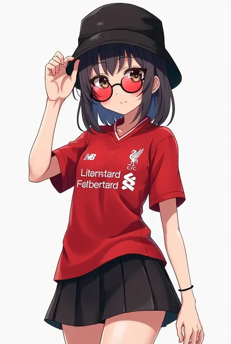  A loli from anime short black skirt with a Liverpool 2024 jersey, black bucket hat ,red circular lenses  