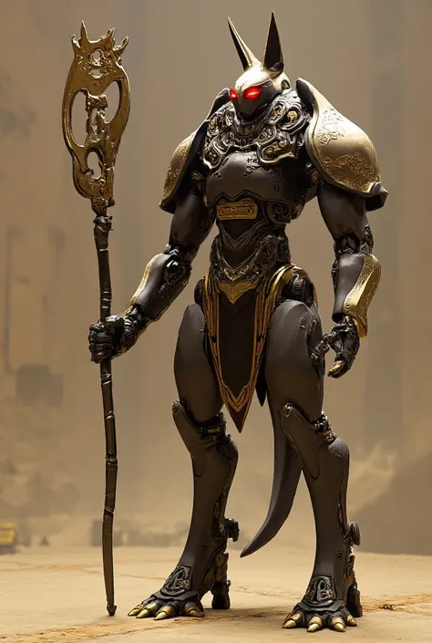 Create a detailed character illustration of “Anubis-Bot,” a guardian robot designed in the likeness of the ancient Egyptian god Anubis. Anubis-Bot has a sleek, metallic body with black and gold accents, resembling the traditional depictions of Anubis with ...