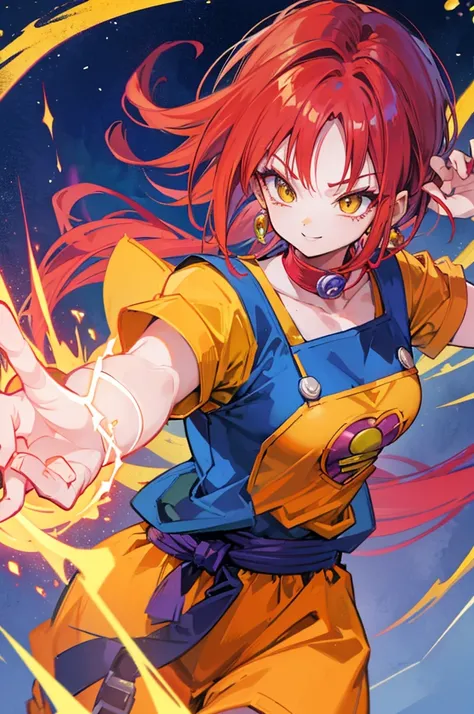 dragon ball style, cute saiyan girl, crimson hair, yellow eyes, , smile, electricity, aura, energy, vegeta outfit