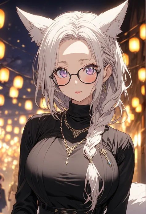 ((Portrait)) ((POV: Close Camera)) ((Flower pattern ornament)) ((Motherly expression)) ((Alone)) Create an anime-style image of Aiko, an elegant fox girl with a graceful aura. She has long, white hair styled in a side braid, soft, fluffy fox ears, and ligh...