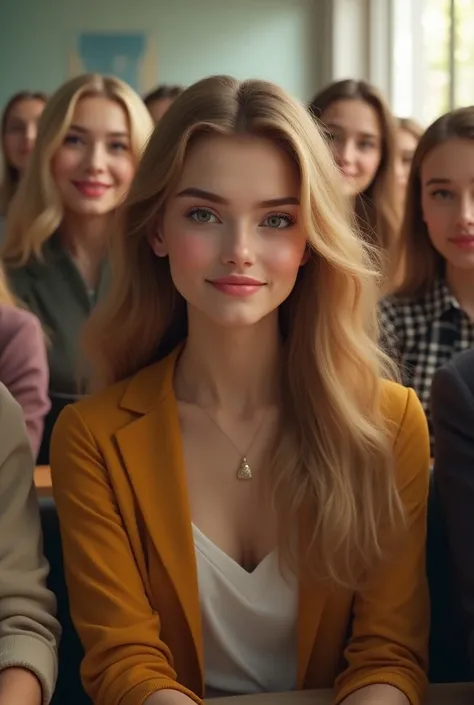 Beautiful girl being acclaimed by her realistic classmates 
