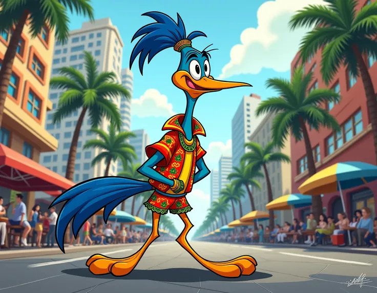 A cartoon of The Road Runner dressed in Brazilian clothing on an avenue in São Paulo